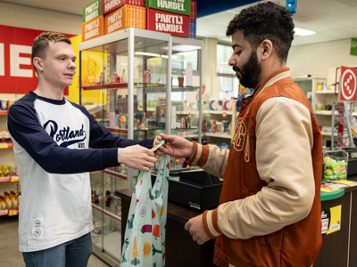 Studenten retailmedewerker oefenen gesprekken op de winkelvloer